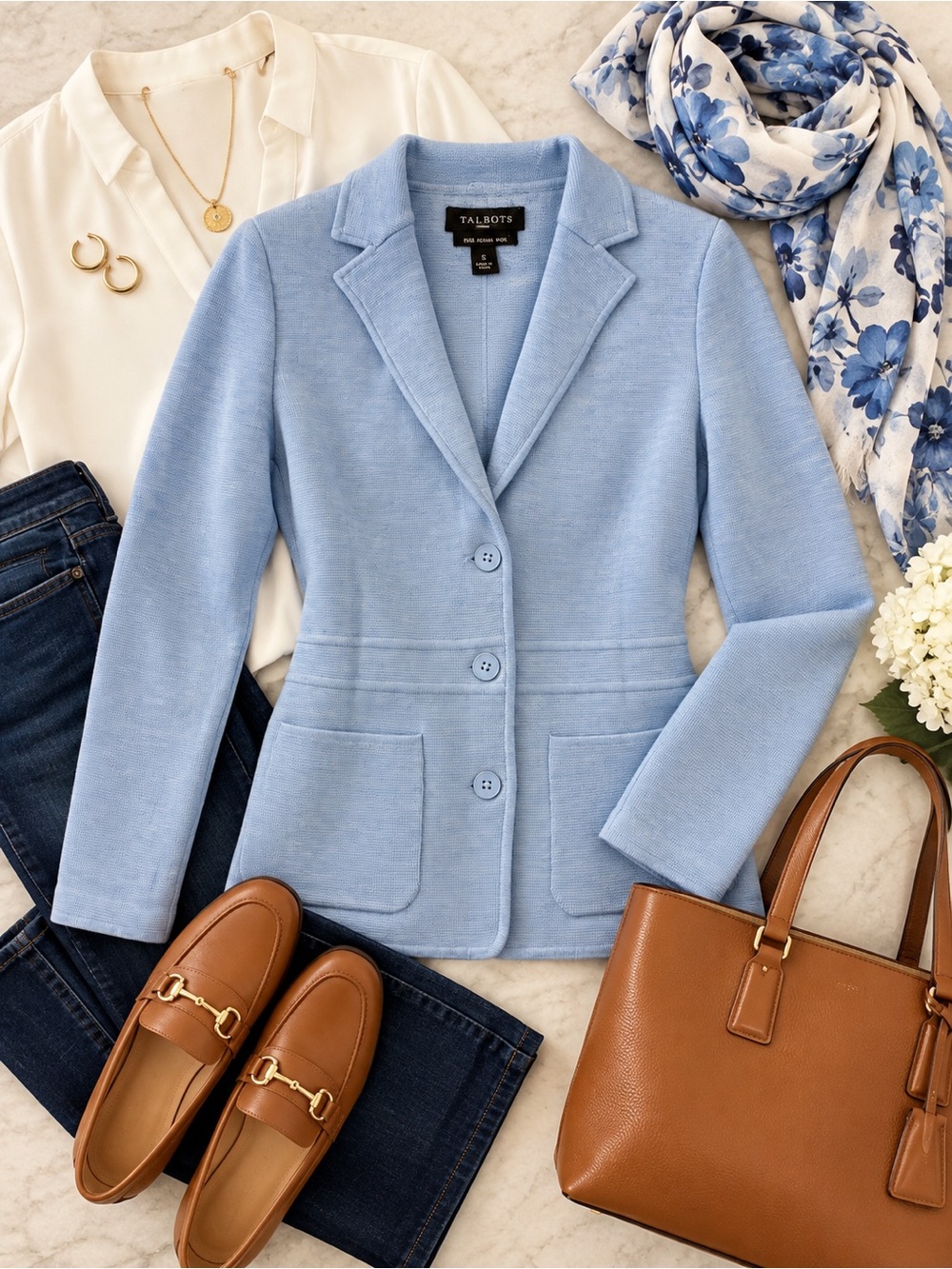 Talbots Pure Merino Wool Light Blue Knit Blazer Jacket